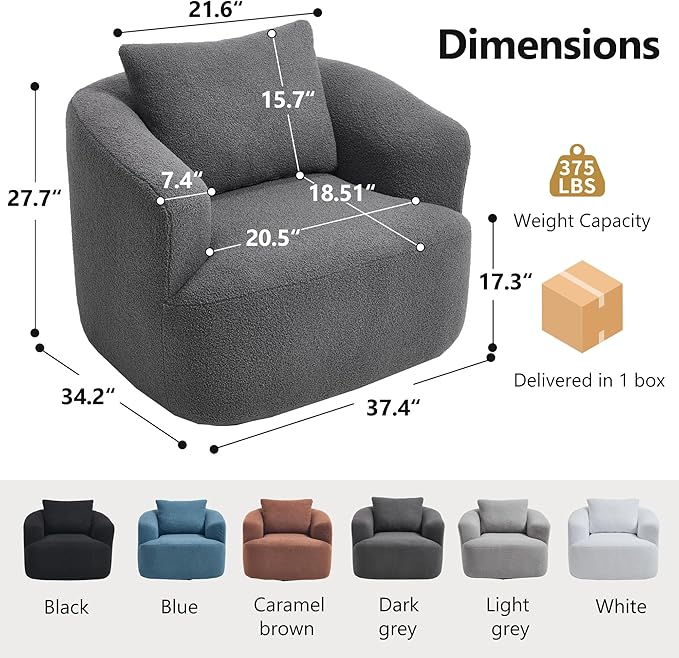 Swivel Accent Chair 360° Rotating Barrel Chair with Teddy Fleece Upholstery &amp High-Resilience Sponge Cushion Easy Assembly Single Sofa for Living Room Bedroom or Apartment (Dark Grey)