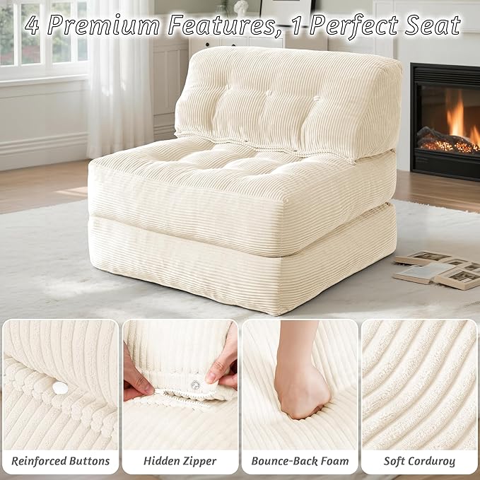HABUTWAY Folding Sofa Bed Convertible Sleeper Chair Bed with Pillow &amp Handle Foldable Mattress with Back Support Portable Single Couch Comfy Floor Sofa Lounge for Living Room Bedroom(Beige)