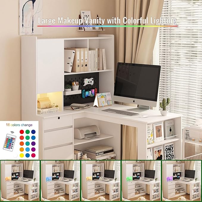 L Shaped Desk with Charger Computer Desk with Drawers Modern Corner Desk with Bookshelf Home Office Desk with Hutch Study Table Writing Desk with LED Light White