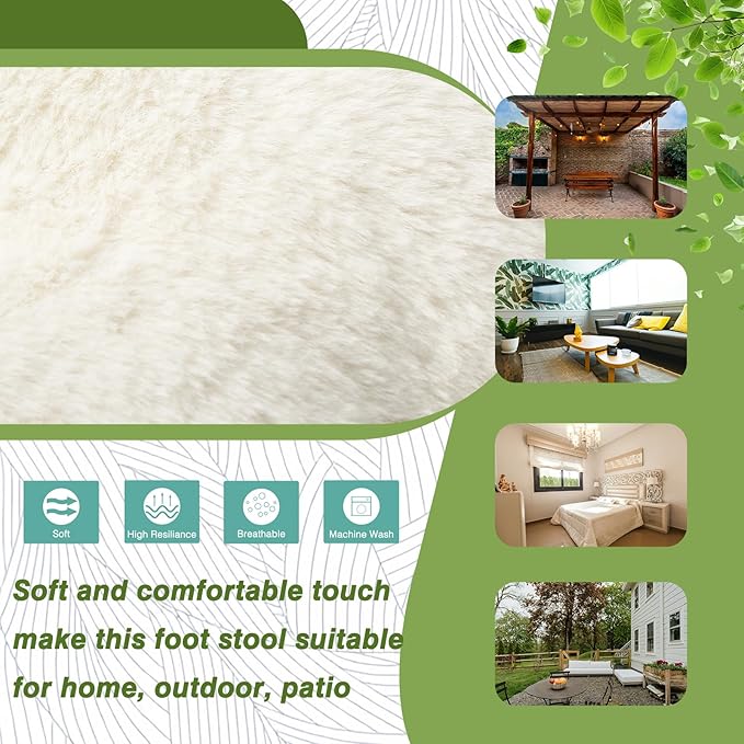 15 Foldable Foot Stool Ottoman with Metal Frame - Washable Faux Fur Beige Upholstered Indoor/Outdoor Footrest for Living Room Bedroom Patio - Space-Saving Compact Design