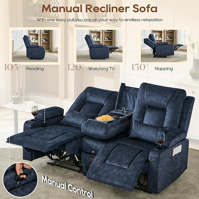 URRED Manual Reclining Loveseat Sofa with Console Double Recliner RV Couch with Bluetooth Speakers USB &amp Power Outlet Cup Holders Pillow and Side Pocket for Home Theater (Blue)