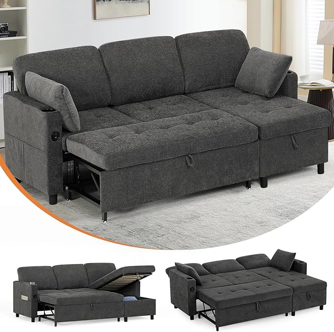 84 Fabric Sleeper Sofa Bed w/Adjustable Backrests L-Shaped Sectional Sofa Bed w/USB Port &amp Thickened Cushions Convertible Pull Out Couch Bed w/Storage Bags for Living Room Grey