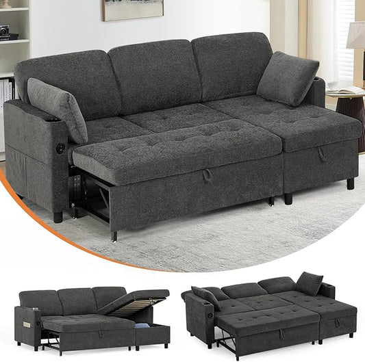 84 Fabric Sleeper Sofa Bed w/Adjustable Backrests L-Shaped Sectional Sofa Bed w/USB Port &amp Thickened Cushions Convertible Pull Out Couch Bed w/Storage Bags for Living Room Grey
