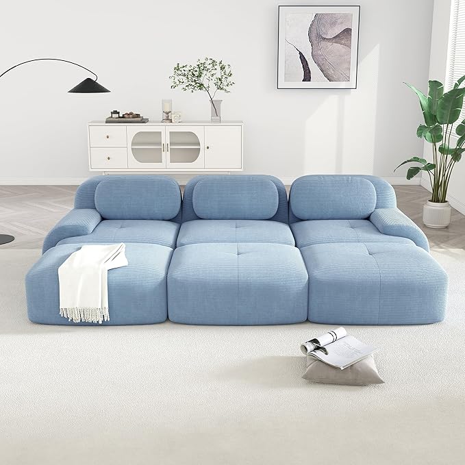 Modular Sectional Sofa Boneless Couch Corduroy Cloud Couch Modern Deep Seat Comfy Sectional Couches for Living Room Oversized 6 Seater Sofa for Bedroom Apartment - No Assembly(Blue)