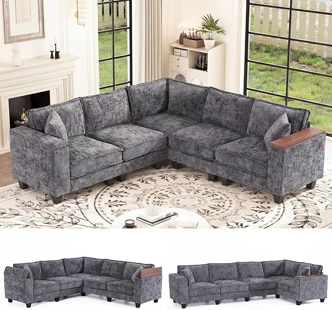 97 L Shaped Sectional Couch Comfy Chenille Sectional Couch Modular Convertible V Shaped Couch 5 Seat Corner Sofa with 2 Pillows &amp Storage Armrests for Living Room Grey