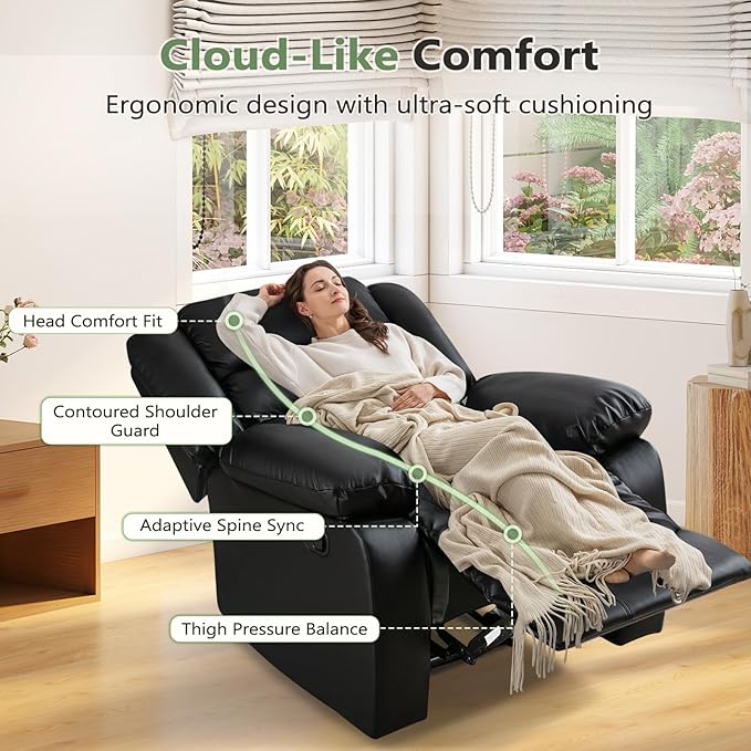 ANJ Black Recliner Chair Set of 2 with Overstuffed Arm and Back Breathable Faux Leather Manual Reclining Chairs Living Room Single Sofa Recliners