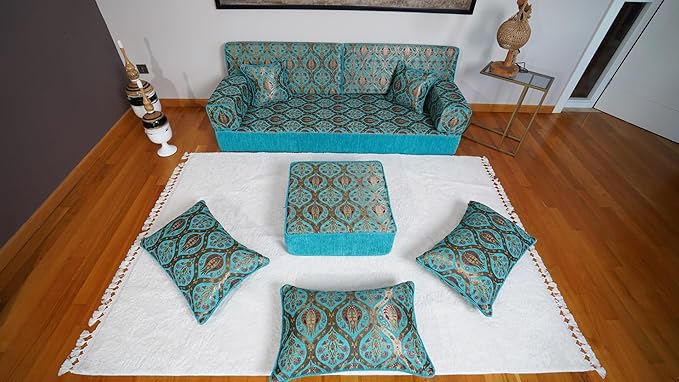 arabicsofa Turquoise Arabic Floor Cushion – Jalsa Sofa Set with Pillows Traditional Oriental Floor Seating Sofa Ottoman Couch