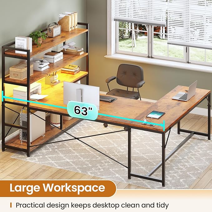 SEDETA L Shaped Desk with Storage Shelves 63” Reversible U Shaped Office Desk Gaming Desk with Power Outlet and LED Lights for Home Office Rustic Brown