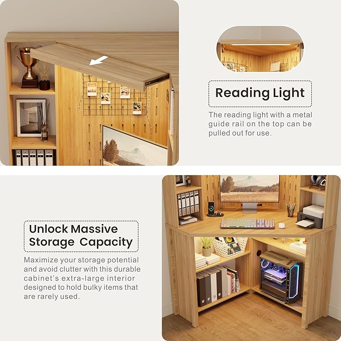 Corner Desk with - LED Reading Light L-Shaped Computer Desk w/Hutch &amp Shelves Home Office Desk w/Charging Station for Work &amp Study File Cabinet Storage Bookshelf for Small Space (Natural)