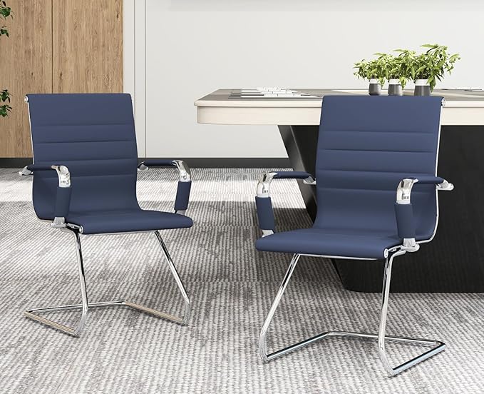 CIMOTA Waiting Room Chairs Leather Office Guest Chair Mid Back Reception Chairs with Sled Base for Meeting/Patient/Conference Room Navy Set of 6