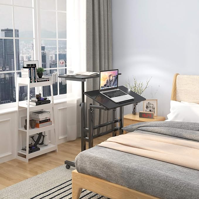 DlandHome Mobile Standing Desk Stand Up Rolling Desk Stand Sit Computer Desk Adjustable Standing Desk 23.6inches Table Workstation Mobile Cart Tray Black