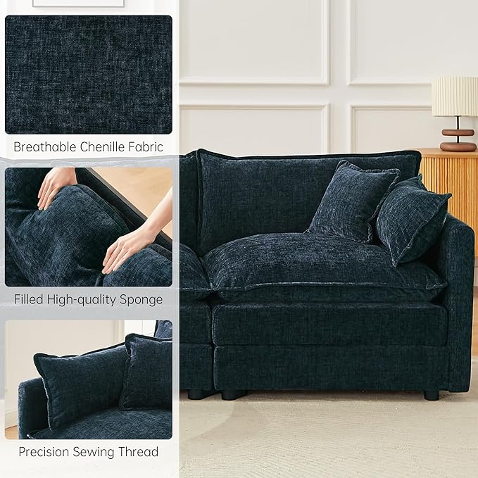 Modular Sectional Sofa 147.2 Inch U Shaped Couch Set with Armrests 4-Seater Comfy Cloud Couches with Movable Ottoman for Living Room Apartment Blue