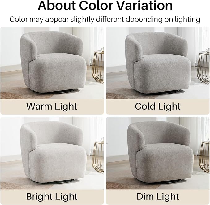 Swivel Accent Chair Chenille Barrel Chair for Living Room Cozy Round Boucle Arm Chair Metal Base for Club Nursery Bedroom Light Grey