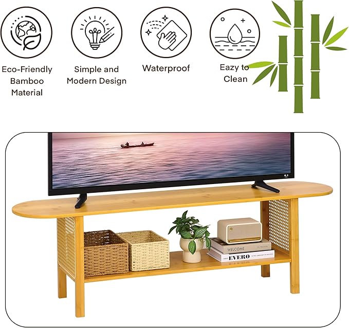Bamboo TV Stand for TVs up to 65 Accent Entertainment Center with Storage Media Console Table with Rattan Modern TV Stand for Living Room Bedroom 55(L) Burlywood