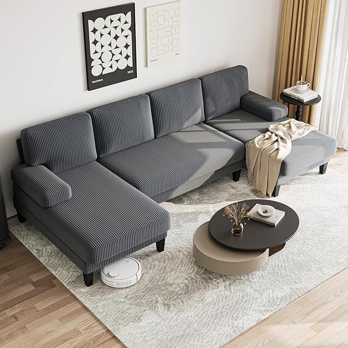 112'' Corduroy U Shaped Couch with Sleeper Lounge Chaise 4 Seat Modern Comfy Sectional Sofa Couches for Living Room Spacious Space Apartment Office (112'' Corduroy Gray)