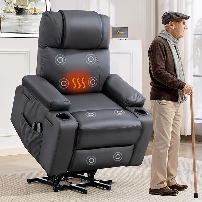 Brage Living Power Lift Recliner Chair for Elderly with Massage &amp Heat PU Leather Electric Recliner with 160° Adjustable Recline Stand Assist Remote Control Cup Holders &amp Side Pockets (Gra