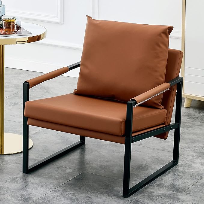 PU Leather Accent Arm Chair Mid Century Modern Upholstered Armchair with Metal Frame Extra Thick Padded Backrest and Seat Cushion Sofa Chairs for Living Room (Brown PU Leather Metal Frame Foam)