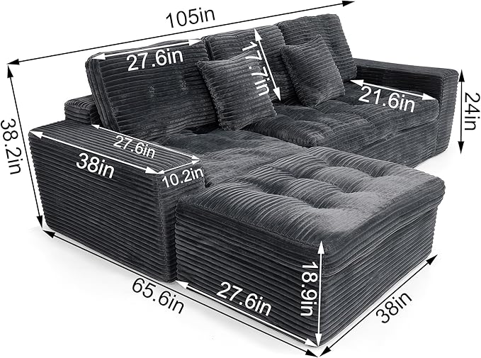 L-Shaped Modular Sectional Sofa with Chaise - 105 Inch Boneless Comfy Corduroy Fluffy Couch with Deep SeatNo Assembly Required Apartments &amp Living RoomsGray