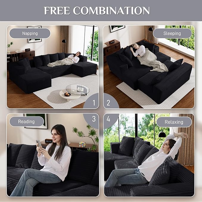 Modular Sectional Sofa 130 U Shaped Cloud Couch Plush Corduroy Comfy Deep Seat Boneless Sofas with 8 Pillows Double Chaise Lounge Sectional Couches with Memory Foam for Living Room - Black