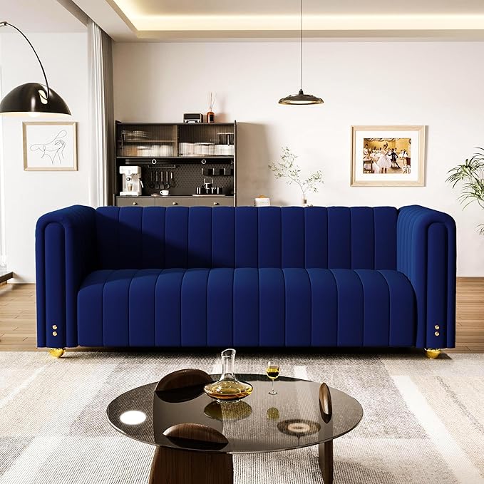 81.3'' Blue Velvet Modern Mid Century Deep Seat Sofa Oversized 3-Seater Loveseat Comfy Couch for Living Room and Apartment Furniture