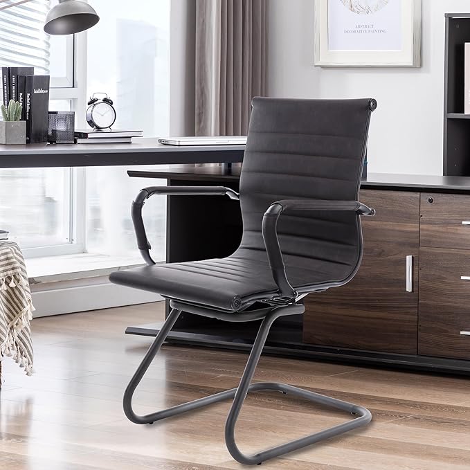 HNY Leather Office Guest Chairs &amp Reception Chairs Set of 8 Modern Waiting Room Chairs with Arms Desk Chair no Wheels with Sled Base for Waiting Room/Conference Room Retro Black