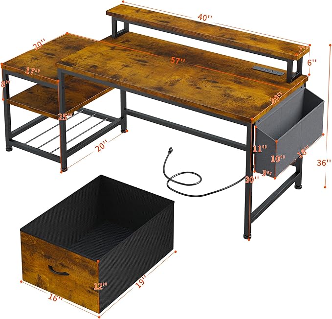 EnHomee 57 Office Desk with Drawers and Printer SpaceComputer Desk with Power OutletsHome Office Desks with File Drawers CabinetStudy and Gaming Desk with Shelves Monitor StandRustic Brown