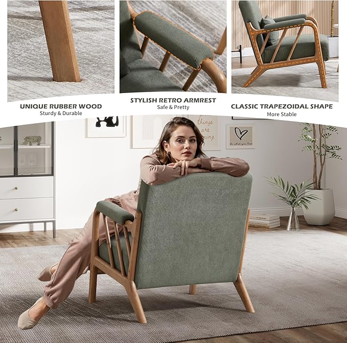 INZOY Accent Chairs Set of 2 Mid Century Modern Accent Chair with Wood Frame Upholstered Reading Armchair with Corduroy Fabric Accent Chair for Living Room Bedroom Apartment Easy Assembly Green