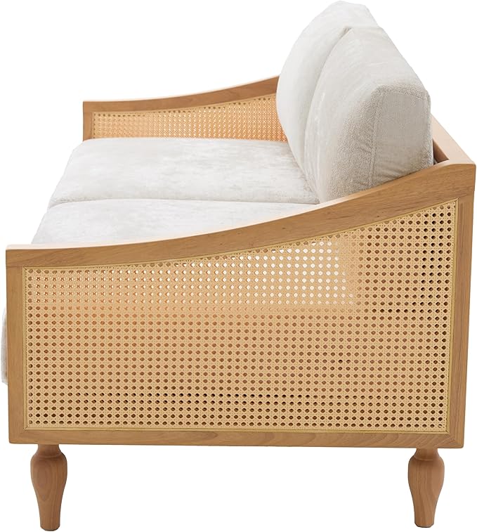 Christopher Knight Home Harper Mid-Century Loveseat Sofa Couch 2-Seater Lounge Sofa with Rattan Armrests and Wooden Legs Chenille Upholstered Couches for Living Room and Small Space Natural