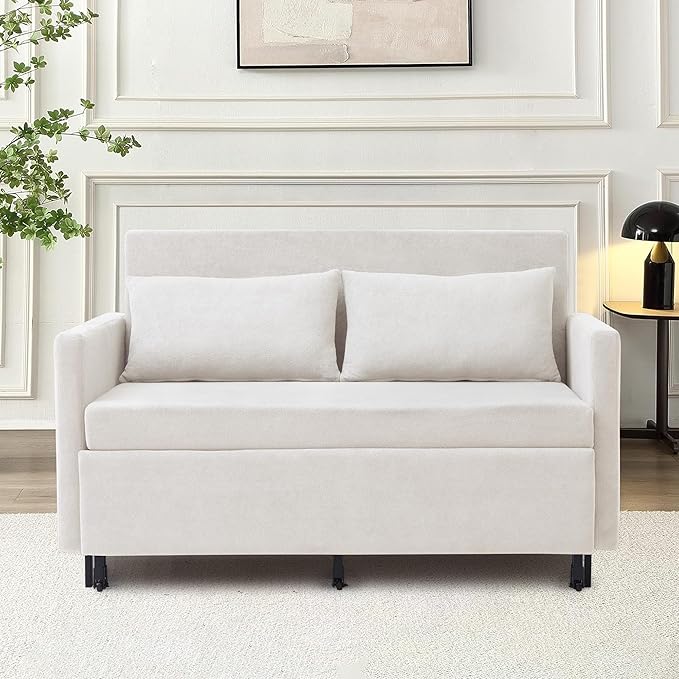 QHITTY Pull Out Couch Bed 2-in-1 Sleeper Sofa Small Loveseat Bed with Hidden Side Table and Iron Frame for Living Room Small Space Apartment (White)