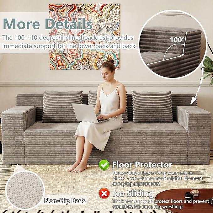 71Cloud Loveseat SofaBoneless Deep Seat 2-Seater with 3 Pillows&ampSide PocketNo Assembly Foam Floor CouchPlush Corduroy FabricModern Living Room Sofa for Small Space Apartment(Flat HandrailCam