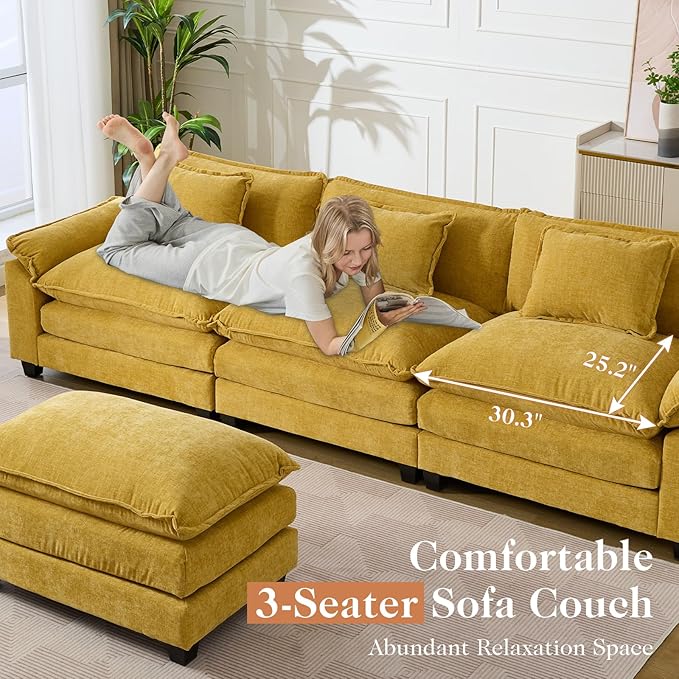 Modular Sectional Sofa 119 L Shaped Couch Set with Movable Ottoman Chenille Comfy Cloud Couch Sectional Set Extra Deep Seat Sofa with 3 Pillows for Living Room (Yellow 3-Seat &amp 1-Ottoman)