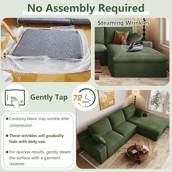 107 Cloud Couch Modular Sectional Sofa for Living Room L-Shape Boneless Couch with Deep Seat Modern Corduroy 3-Seater No Assembly Required (GreenRight-Facing Chaise)
