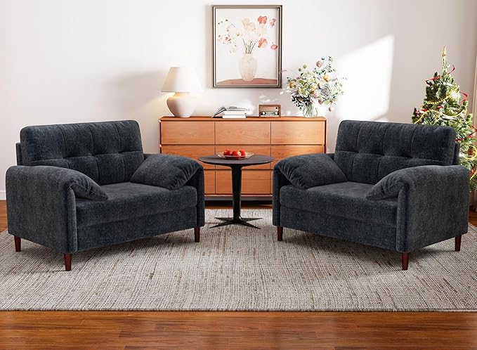 46 Oversized Accent Chairs Set of 2 with Padded Arms Comfy Chenille Fabric Living Room Bedroom Chairs Set of 2 Mid Century Modern Reading Chair with Pocket Spring Cushion (Dark Grey)