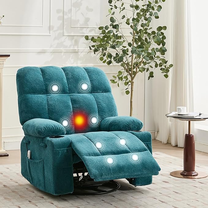 IDEALHOUSE Rocking Recliner Chair with Heat 38.5 Oversized Swivel Rocker Recliner with Massage Side Pockets &amp Cup Holders Reclining Sofa for Living Room Bedroom (Blue Terry Cloth)