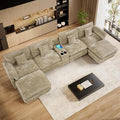 152 Oversized Modular Sectional Sofa U Shaped Cloud Couch Modern 6 Seat Sofa Set for Living Room Comfy Chenille Couch with Storage Central Console Movable Ottomans Cup Holders USB Ports Camel