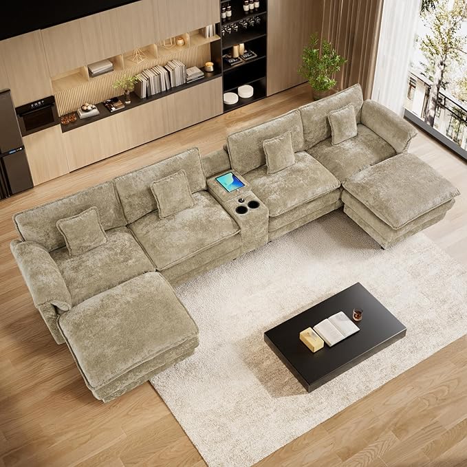 152 Oversized Modular Sectional Sofa U Shaped Cloud Couch Modern 6 Seat Sofa Set for Living Room Comfy Chenille Couch with Storage Central Console Movable Ottomans Cup Holders USB Ports Camel