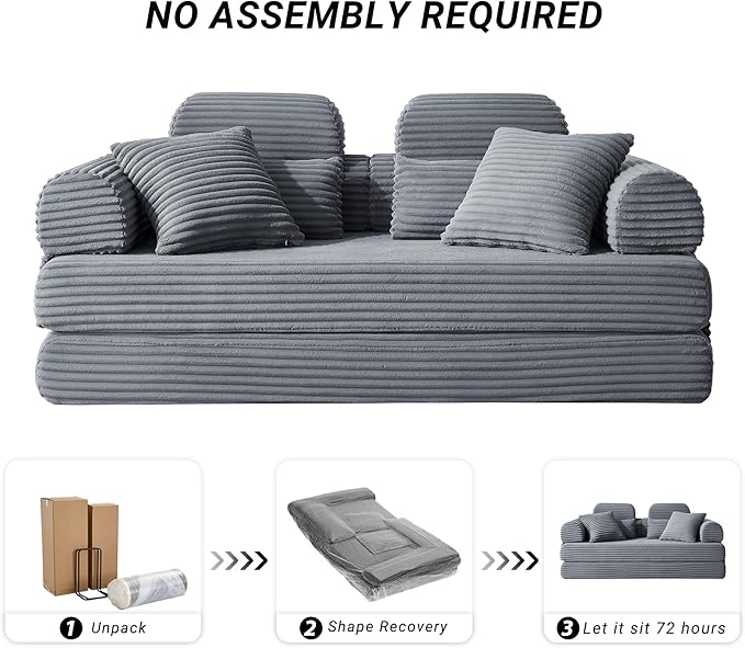 79'' High Backrest 5 in 1 Convertible Sofa Bed Modular Corduroy Couch with Fixed Frame &amp Removable Armrests No Assembly Floor Sleeper Sofa for Modern Living (High Backrest Dark Gray) | Convertib