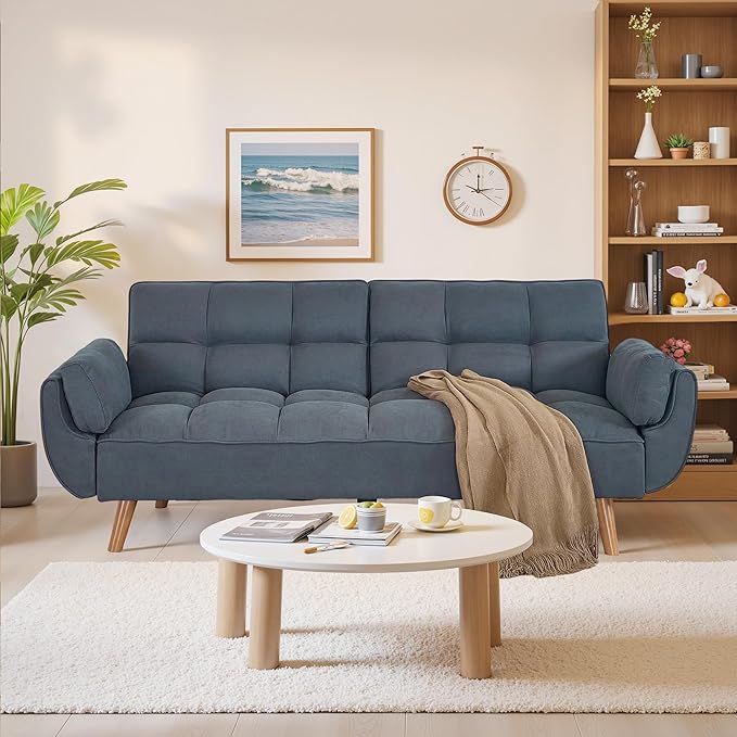 Convertible Futon Sofa Bed Sleeper Sofa Bed with Adjustable Backrests Linen Loveseat Sofa Small Couches for Small Spaces Living Room Bedroom (Dark Gray)