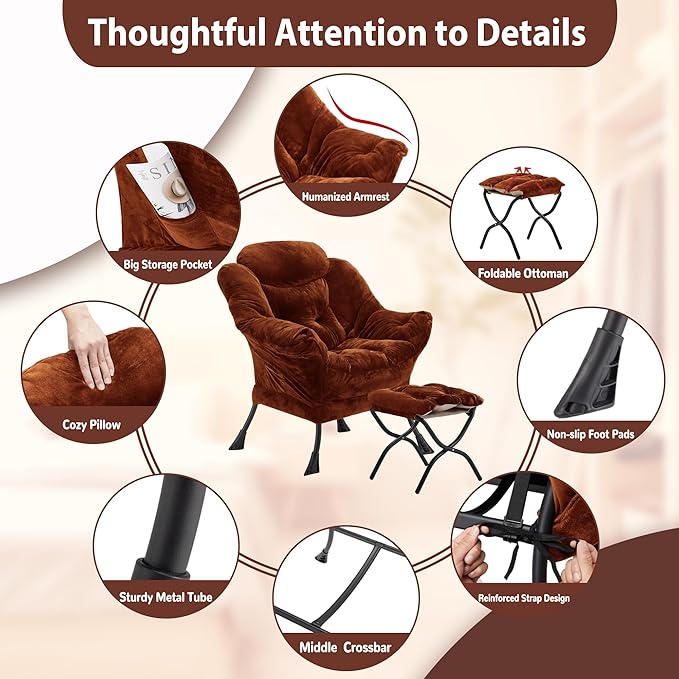 Lazy Chair with Folding Ottoman Accent Chair Plush Upholstered with Metal Structure and Non-Slip Pads Sofa Armchair with Footrest and Side Storage Bag for Dorm Room Office Brown