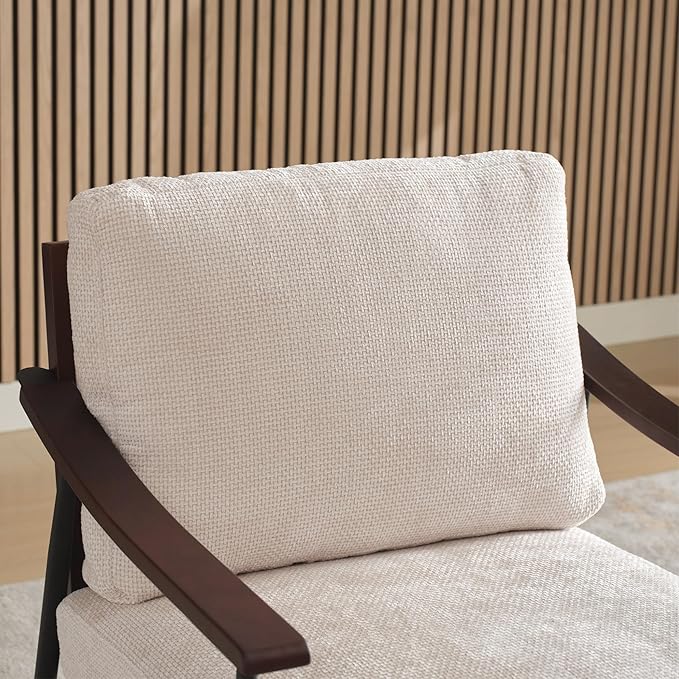 Softa Modern Accent Chair Mid Century Modern Accent Chairs Linen Fabric Arm Chair with Wood Armrests Upholstered Leisure Chair for Living Room Bedroom Reception Room White (White)