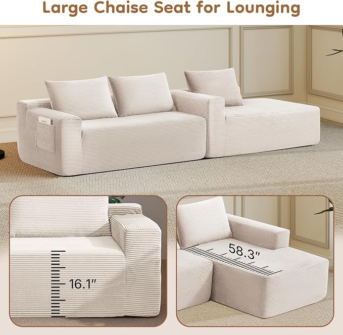 Rovibek 97” Couches for Living Room Modular Sectional Sofa with Chaise &amp Deep Seat Comfy Corduroy Boneless Couch No Assembly Required White