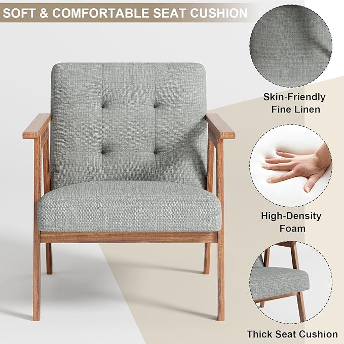 Accent Chair Upholstered Fabric Lounge Chair with Solid Wood Frame &amp Soft Cushion for Living Room Bedroom Balcony Gray