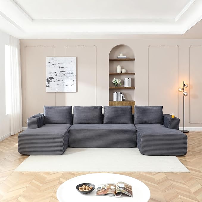 132” Oversized Modular Sectional Sofa Modern Comfy Corduroy U Shaped Couch with Cup Holders Boneless Compressed Memory Foam Cloud Couch for Living Room Office No Assembly Requiredm Grey