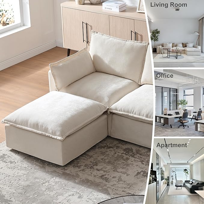 93'' Cloud Modular Sectional Couch with Convertible Removable Ottoman Oversized L Shape Sofa Deep Seat Sofa with Throw Pillows for Living Room Bedroom Apartment (Beige)