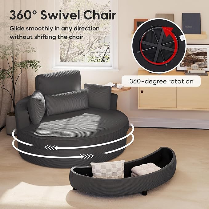 Yoglad Oversized Round Swivel Accent Chair with Ottoman &amp Wooden Armrest Tray – 360° Rotation and Stylish Modern Corduroy Fabric Perfect for Living Room/Apartment/Studio(Gray)