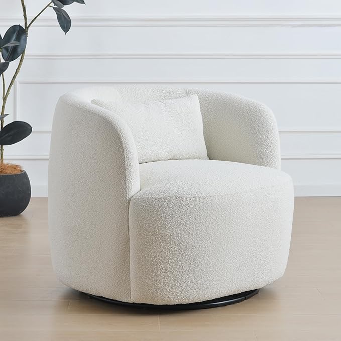 KINWELL 34 Wide Sherpa Swivel Barrel Chair No Assembly Round Boucle Upholstered Accent Chair Armchair Single Sofa Chair with Toss Pillow for Living Room and Bedroom Beige