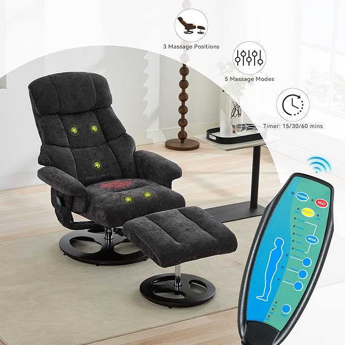 FOXHUNTER Chenille Recliner Chair with Ottoman Modern Massage Swivel Lounge 360° Swivel Rocker Recliner Comfy Modern Accent Arm Chairs for Living Room Bedroom (ChenilleDark Grey)