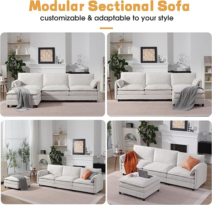 108 Cloud Sectional Couches for Living Room Convertible L Shaped Modular Sectional Sofa with Movable Ottoman 3-Seat Chenille Cloud Couch with Deep Seat for Bedroom Apartment Beige