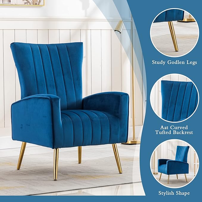 LSSPAID Velvet Accent Chairs Set of 2 Modern Fabric Upholstered Living Room Chairs Armchairs with Wing Back and Metal Legs Navy Blue