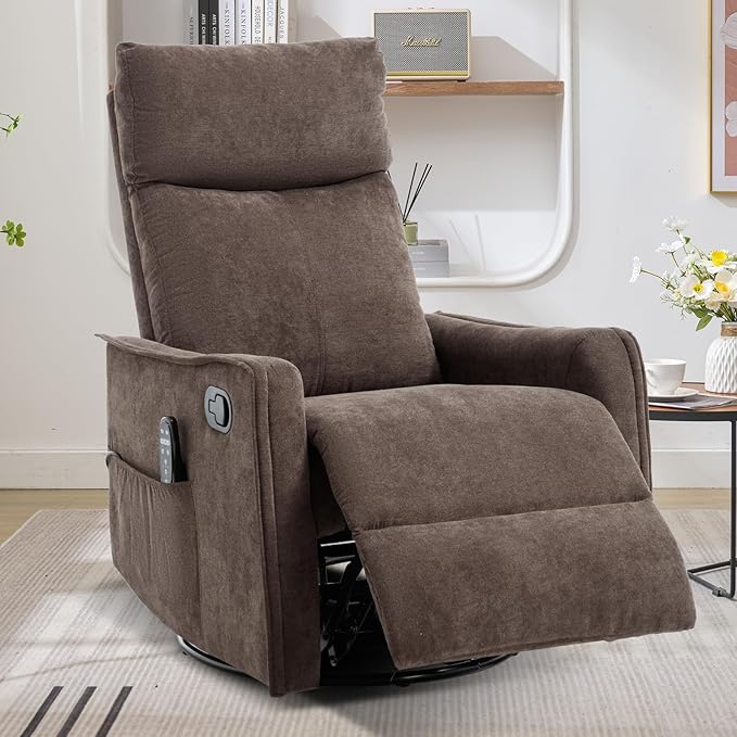 Swivel Rocker Recliner Chair 360° Swivel Recliner with Heat and Massage Rocker Recliner Easy to Clean Nursery Glider Recliner Chair with Side Pockets for Living Room Brown